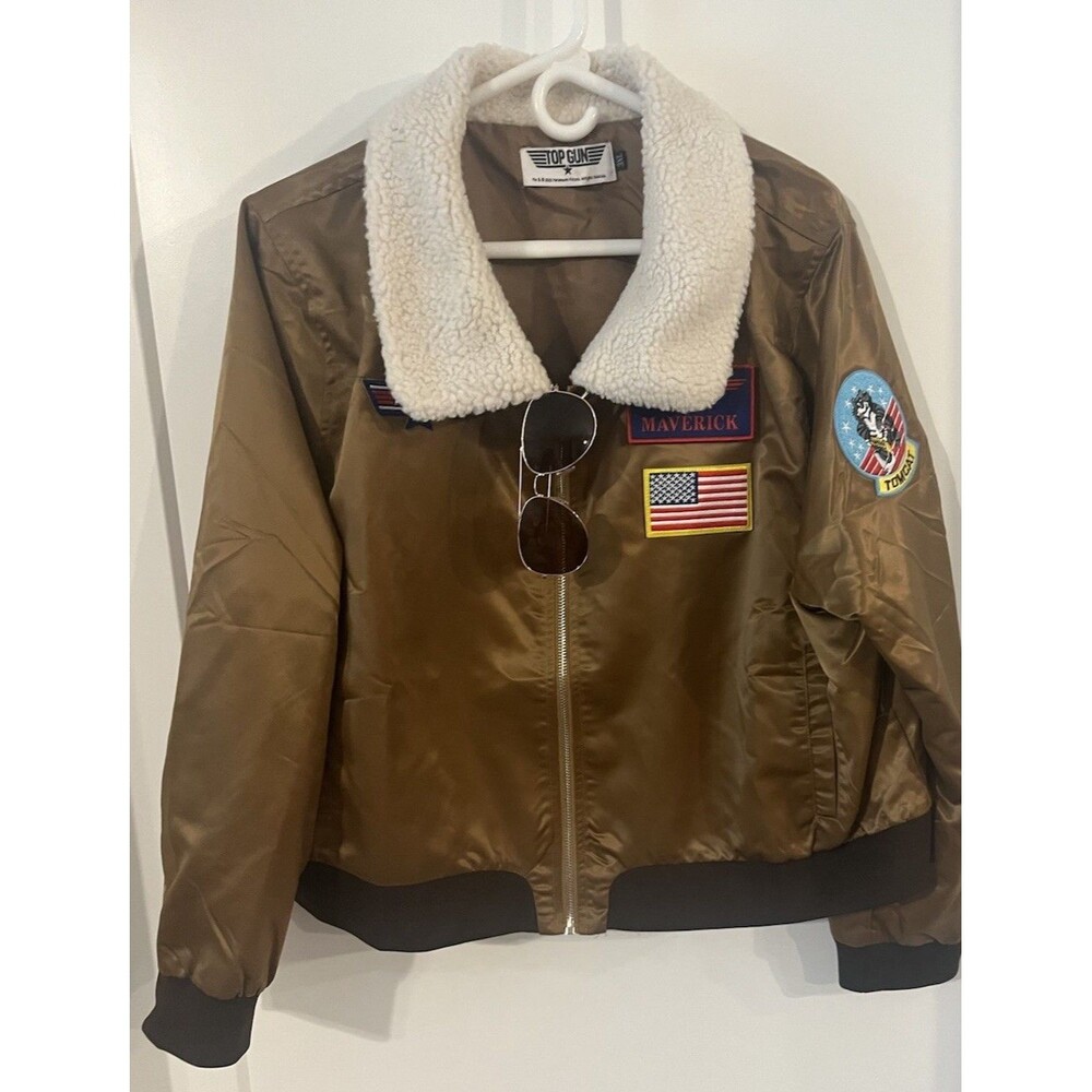 Top Gun Maverick Bomber Jacket Antique Gold Costume w/ Aviator Glasses Size 3XL